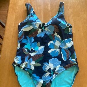 Athleta Blue and Green One Piece Swimwear with Tropical Floral Design